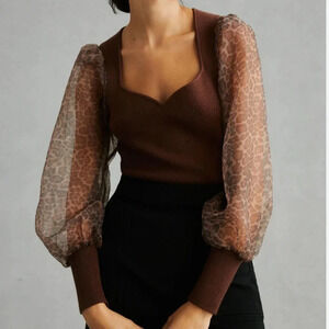 Anthropologie, New, Dolan Brown Puff Blouson Sleeve Ribbed Sweater, Size XL